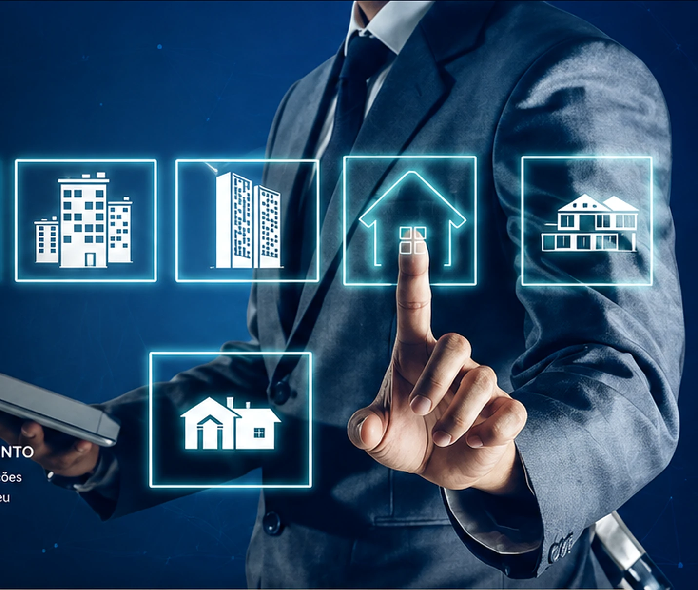 Profissional do mercado imobiliário apresentando opções de imóveis